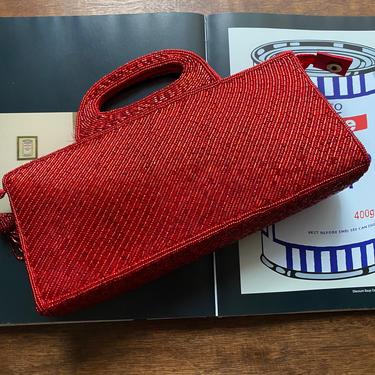 Vintage Red Beaded Evening Bag Clutch Purse with Top Handle 