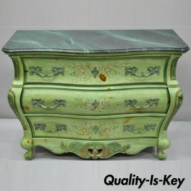Pulaski French Louis XV Style Green Floral Painted Bombe Commode Chest Dresser