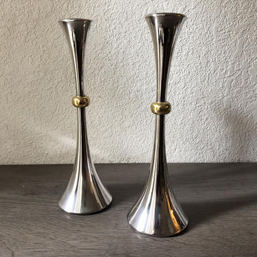 Vintage Dansk Trumpet Silver Plate and Brass Candle Holders by Jens Quistgaard, Pair Dansk Silverplate Candlesticks, Scandinavian Modernist 