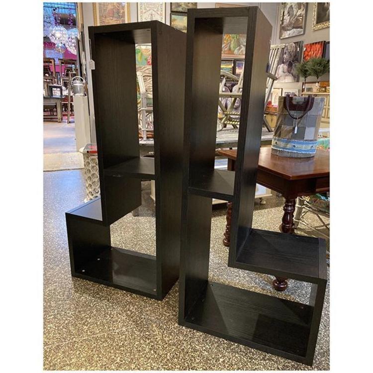 Black L shaped shelves 59” tall / 26” wide (bottom) / 15” wide (top) 