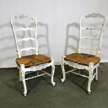 French Country Ladderback Dining Chairs White Carved 4-Rung Rush Seat 
