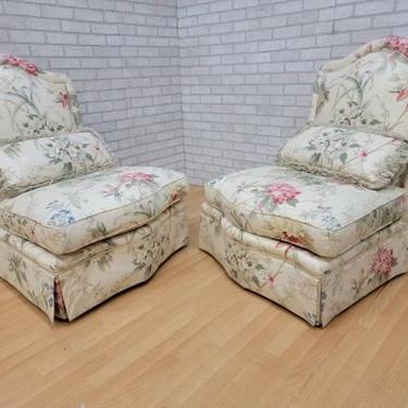 Vintage French Provincial Floral Upholstered Armless Slipper Chairs by Baker Furniture Co. - Pair