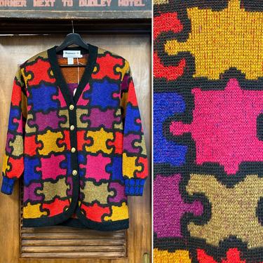 Vintage 1980’s Jigsaw Puzzle Cardigan Sweater-Made in Italy- 80’s Cardigan Sweater, 80’s Pop Art, 80’s New Wave, Vintage Clothing 