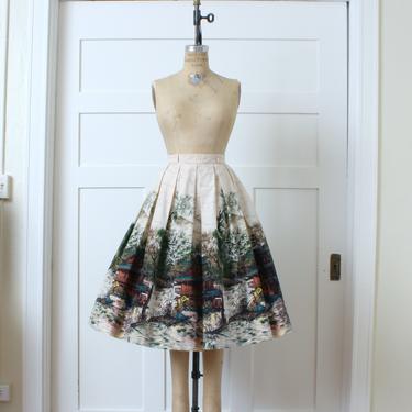 vintage 1950s novelty print skirt • full cut cotton Millworth Pagoda print skirt 