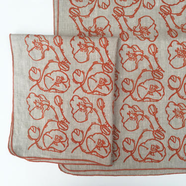 Poppy printed linen tea towel, kitchen towel, floral, orange poppies 