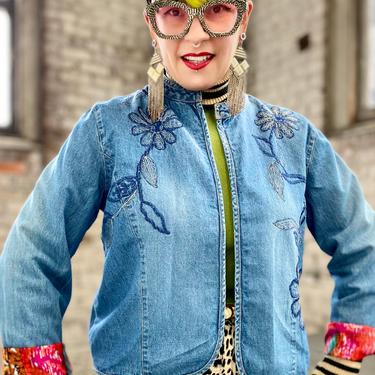 Blue Jean Jacket With Embroidered Flowers by LoveYourLookVintage