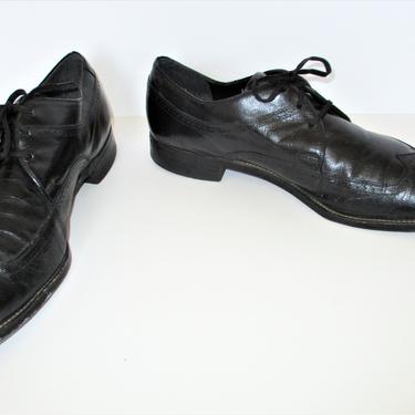 Vintage 1980s Stacy Adams Oxfords, Brogues, Black Leather Laced Tie Shoes, Size 11D Men 
