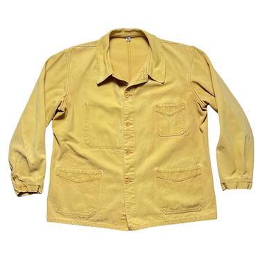 Vintage French Cotton Twill Chore Jacket ~ M to L ~ Work Coat ~ Faded Yellow 