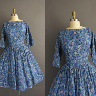 1950s vintage dress | Adorable Blue Floral Chiffon Full Skirt bridesmaid Cocktail Party Dress | Large | 50s dress 