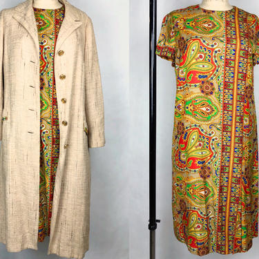 Vintage 1960s Designer Vera Maxwell Paisley Print Dress and Tweed Coat Set, Vintage Designer, Mid Century Mod, Size Sm/Med by Mo