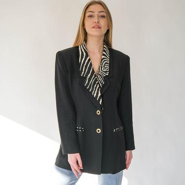 Vintage 80s High Point New York Black Rayon Gabardine Blazer w/ Faux Suede Zebra Print Lapel | Made in USA | 1980s Designer Boxy Fit Jacket 