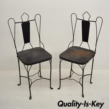 Antique Twisted Wrought Iron Metal Ice Cream Parlor Garden Side Chair a Pair