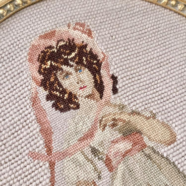 Vintage Needlepoint, Hand Stitched, Framed Pinkie Pinky Girl, Oval Gold Frame, House Decor, Wall Art 