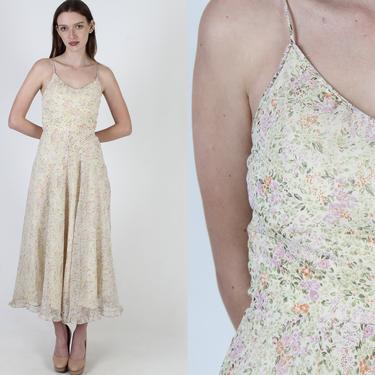 Wildflower Chiffon Dress / Vintage 70s Garden Prairie Floral Dress / Thin Spaghetti Shoulder Straps / Sheer Lined Summer Maxi Dress 