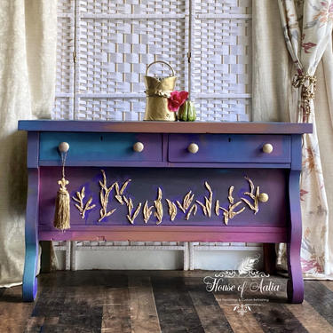 Boho Empire Chest. Gold Purple Chest. Vintage Chest. EntrywayTable. Boho, Eclectic, French Country Bedroom. Gold and Purple. 