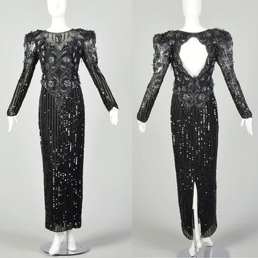 Medium Bellissima Dress 1980s Black Silk Beaded Sheer Formal Sequin Keyhole Back Evening Gown 