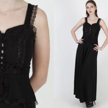 Black Gothic Style Maxi Dress / Long Medieval Times Corset Dress / Womens Goth Renaissance 70s Dress 