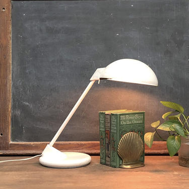 Vintage Desk Lamp Retro 1980s White Metal + Angled + Adjusting Neck + Circular Base + Dome Lamp Shade for Home or Office Lighting Decor 