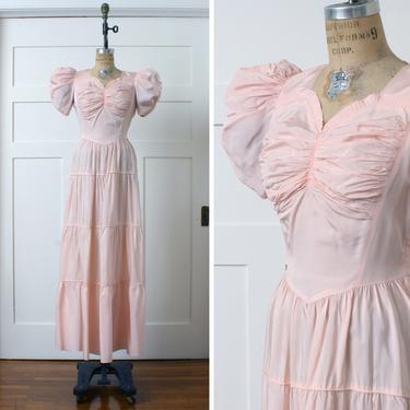 vintage 1930s sweetheart gown • lightest pastel peach full length dress • exaggerated puff sleeves &amp; ruffles 