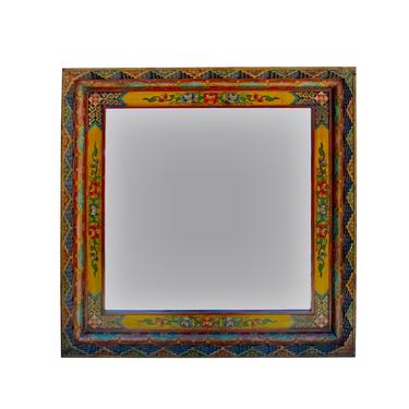 Chinese Tibetan Color Carving Wood Frame Square Mirror cs5837E 