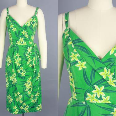 1950s WRAP Dress | Vintage 50s Green Tropical Floral Print Cotton Dress | medium / large 