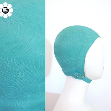 Lovely Vintage Swim Cap with Blue Swirls Pattern and Chin Strap 