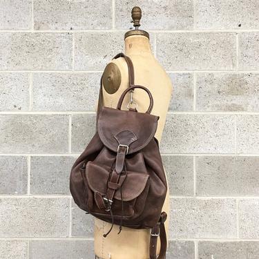 Vintage Backpack Retro 1980s ROOTS + Genuine Pebbled Leather + Dark Brown + Day Pack + Travel Bag + Bookbag + Rucksack + Made in Canada 