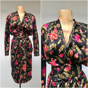 Vintage 1980s Gillian Silk Floral Dress, Gorgeous Semi-Wrap Frock w/Batwing Sleeves Shoulder Pads, 80s Power Dressing, Size 8 