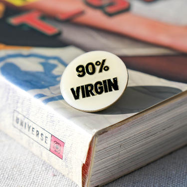 Vintage 70s 90% Virgin Novelty Enamel Resin Pin | Biker, Rocker, Hippie, Stoner, Easy Rider | 1970s Collectible Retro Black &amp; Cream Pin 