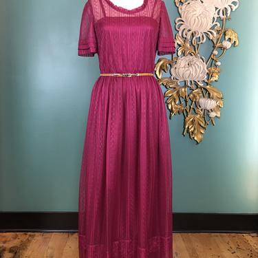 1970s maxi dress, sheer dress and slip, vintage 70s dress, size medium, wine net dress, gunne sax style, button back, full length, burgundy 