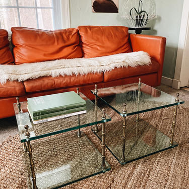 Vintage Two Tier Glass and Brass end table, 1970s baker two tier tables, accent table, glass coffee table, brass end table 