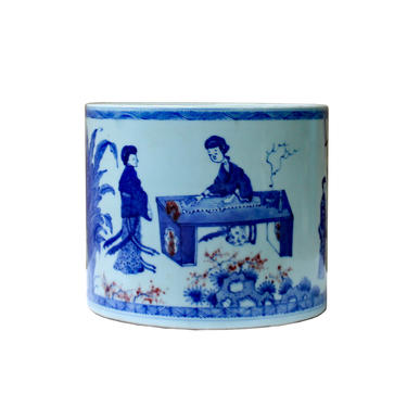 Chinese Blue &amp; White Porcelain People Scenery Brush Holder Pot ws1114E 