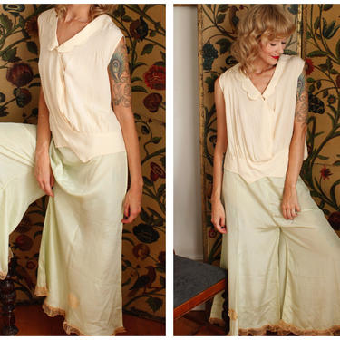 1920s Lounge Pants // Seaglass Green Silk Lounge Pants // vintage 20s wide leg loungewear 