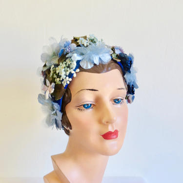 Vintage 1960's Light Blue Silk and Velvet Flower Hat Green Leaves Spring Floral Garden Bridal Wedding Party 60's Millinery 