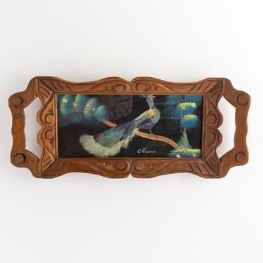 Vintage Mexican Feathercraft Tray, Handcarved Wood Hanging Tray with Peacock, Eclectic Boho Wall Decor 