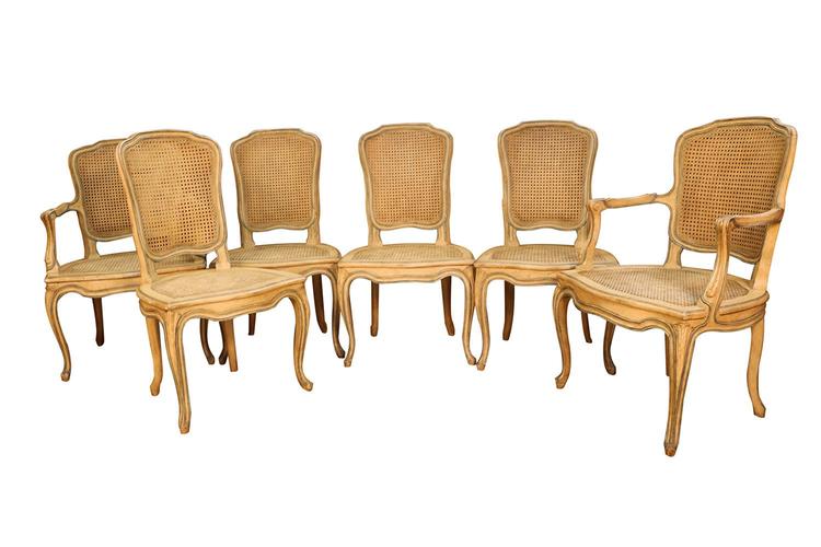 Six French Painted Caned Rococo Style Dining Chairs 