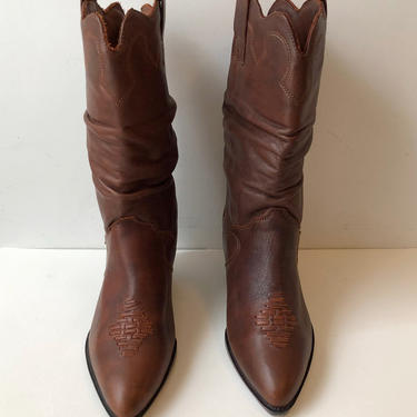 Reddish Brown Leather Slouchy Cowboy Boots - Late 1980s/Early 1990s - Size 10 