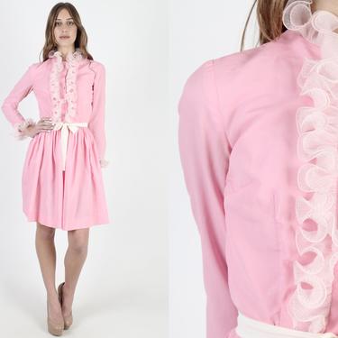 Vintage 60 Pink Chiffon Tuxedo Dress 1960s White Mod Ruffle Chest Dress Button Up Full Skirt Easter Spring Cocktail Party Mini Dress 