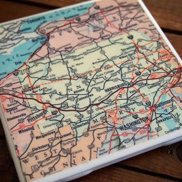 1962 Pennsylvania Map Coaster - Ceramic Tile - Repurposed Vintage 1960s Pocket Atlas - Handmade - Pittsburgh Philadelphia - DISCOUNTED 