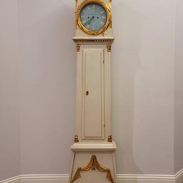 Scandinavian Neoclassical Style 19th Century Painted Pine Parcel Gilt Bornholm Tall Case Clock by Mogens Peter M. P. Westh 