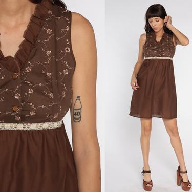 Babydoll Mini Dress 70s Mini Brown Floral Embroidered Boho Empire Waist Bohemian 1970s Summer Cotton Button Up Vintage Sleeveless Mod Small by ShopExile