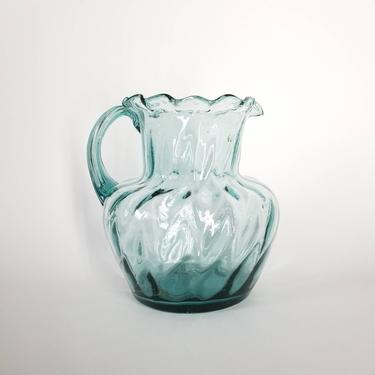 Blue Glass Pitcher / Recycled Glass Juice Pitcher / Large Swirled Glass Water Pitcher / Vintage Art Glass Lemonade Pitcher 
