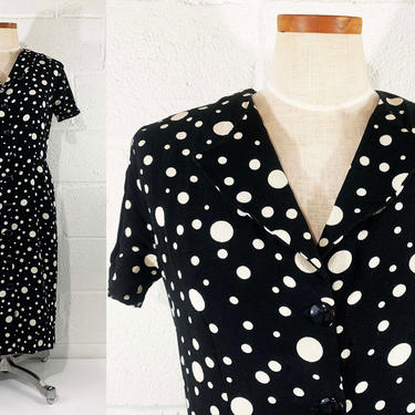 Vintage Polka Dot Dress 80s Mod Handmade Black White 1980s Summer Short Sleeve Button Front Boho Hippie Retro Medium Large 