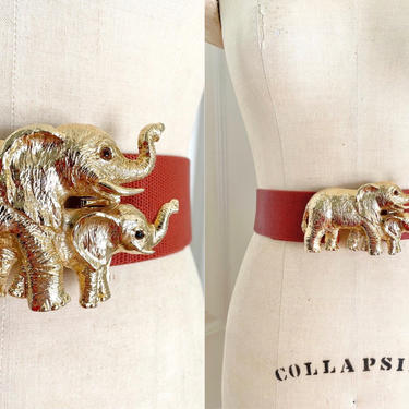1980s Mimi di N gold elephant buckle red faux snakeskin belt adjustable size 