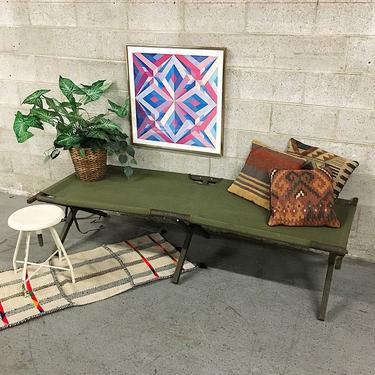 Vintage Military Cot Retro 1950's Wood Frame and Army Green Canvas Collapsible Camping Day Bed or Bench LOCAL PICKUP ONLY 