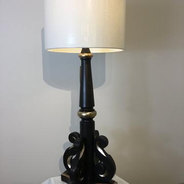 Navy blue and silver leaf carved wood table lamp