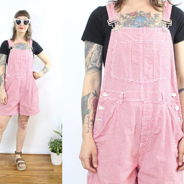 Vintage 90's Red and White Plaid Shorteralls / 1990's Overall Shorts / Denim Overalls / Summer / Women's Size Small Medium by Ru