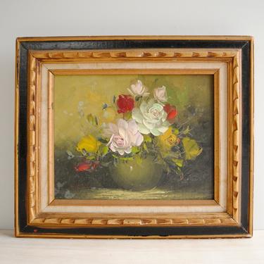 Vintage Painting of Flowers in a Vase, Framed Still Life Flower Painting on Canvas Board 