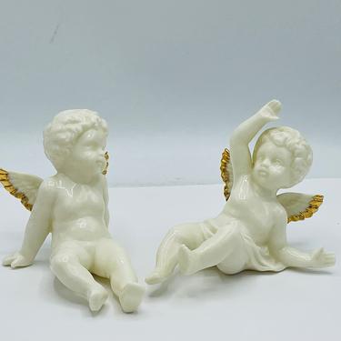 Vintage Porcelain Angel Figurines- Pretty Classic Ivory Glaze with Gold Highlights- Chip Free Condition 
