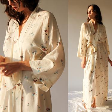 Vintage 80s Lynn La Cava Asian Floral Cream Silk Robe | 100% Silk | One Size | Boudoir, Lingerie | 1980s Designer Romantic Full Length Robe 